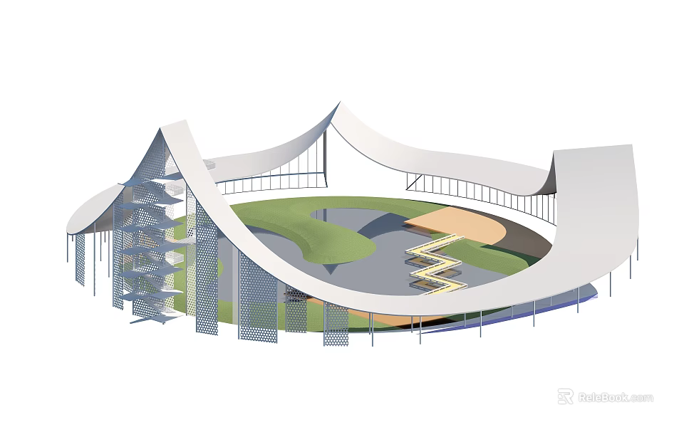 Modern Park Landscape With Curved White Structures Green Lawn And Steps 3d model 
