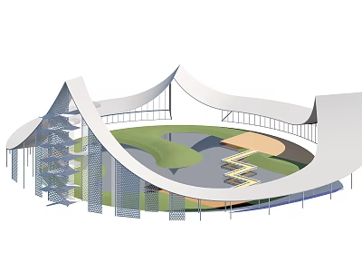 Modern Park Landscape With Curved White Structures Green Lawn And Steps 3d model