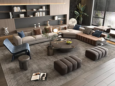 Modern Sofa and Round Coffee Table Set With Pillows Area Rug Floor Lamp and Green Plants 3d model
