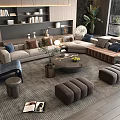 Modern Sofa and Round Coffee Table Set With Pillows Area Rug Floor Lamp and Green Plants