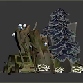 Lush Forest Scene With Rock Formations Pine Trees Glowing Mushrooms And Abandoned Car