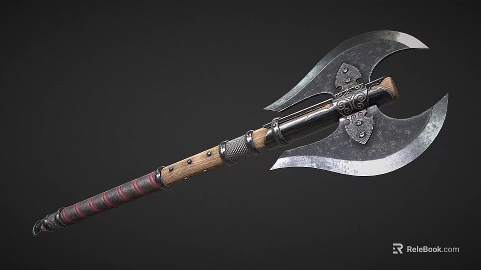 Handcrafted Medieval Battle Axe With Wooden Handle And Metal Blade Design 3d model 