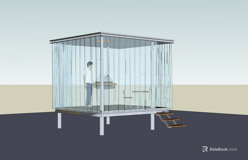 Transparent Glass Structure With Metal Frame And Person Working At Desk On Platform With Stairs 3d model 