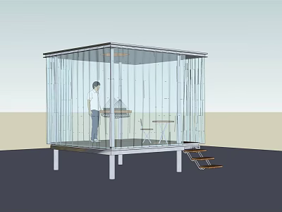 Transparent Glass Structure With Metal Frame And Person Working At Desk On Platform With Stairs 3d model