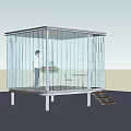 Transparent Glass Structure With Metal Frame And Person Working At Desk On Platform With Stairs