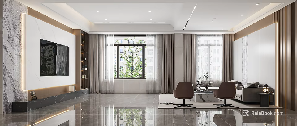 Modern Living Dining Room Interior With Large Windows Gray Curtains Sleek Tiled Floor Brown Chairs 3d model 