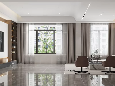 Modern Living Dining Room Interior With Large Windows Gray Curtains Sleek Tiled Floor Brown Chairs 3d model