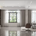 Modern Living Dining Room Interior With Large Windows Gray Curtains Sleek Tiled Floor Brown Chairs