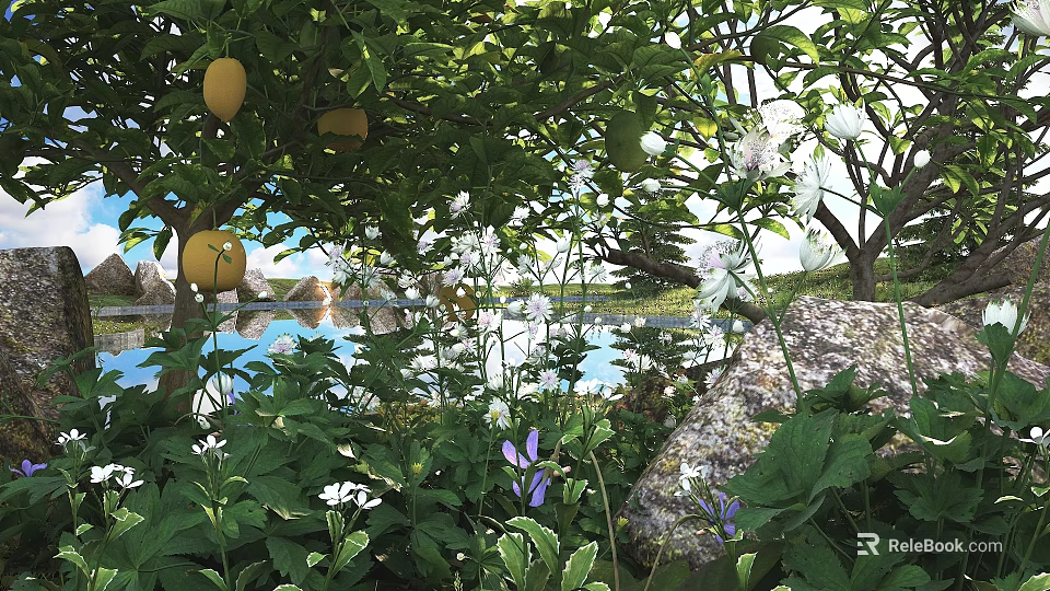 Lush Green Bush With Lemons White Flowers Purple Blooms Near Lake And Rocks 3d model 