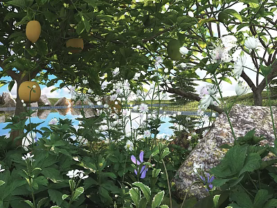 Lush Green Bush With Lemons White Flowers Purple Blooms Near Lake And Rocks 3d model