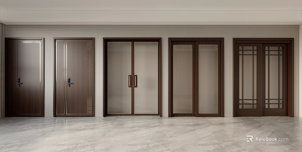 Various Modern Sliding Doors with Wooden Frames and Glass Panel Designs 3d model