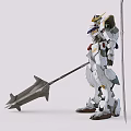 White Gundam Model With Gold Accents Holding Large Spear And Long Sword