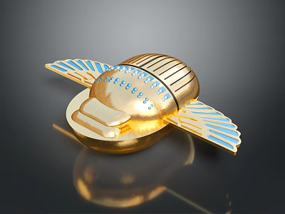 Golden Decorative Emblem With Blue Wings And Engraved Details On Shiny Surface 3d model