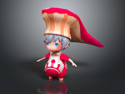 Cute Cartoon Character With Big Blue Eyes Red And White Striped Hat Light Blue Hair 3d model