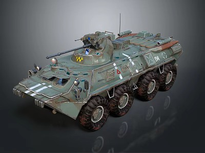 Green Wheeled Military Tank With Mounted Machine Gun Radio Antenna And Metallic Surface 3d model