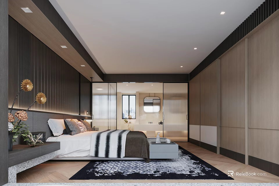 Modern Bedroom Interior Design With Platform Bed Wooden Wardrobe And Patterned Rug 3d model