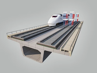 Railway Bridge Structure With High Speed Train On Tracks And Concrete Piers 3d model
