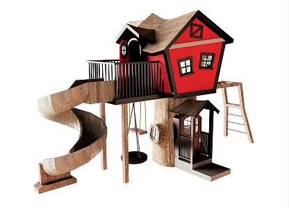 Modern slide children's play area slide log cabin tree house toy swing 3d model