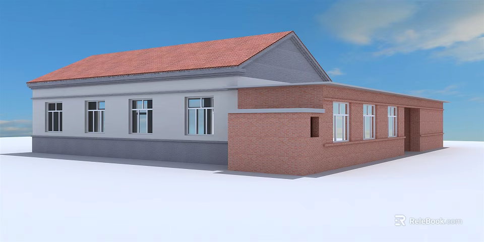 Single Story Rural Self Built House With Red Roof White And Red Brick Walls 3d model 