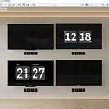 Four Wall Mounted Televisions with Two Showing Time and Others Black Screen 3d model