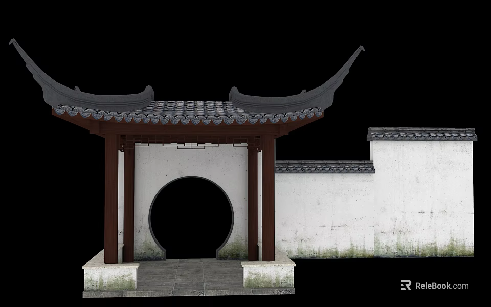 Traditional Ancient Chinese Architecture Featuring Curved Eaves Circular Doorway White Walls And Tile Roof 3d model 