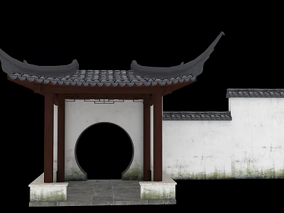 Traditional Ancient Chinese Architecture Featuring Curved Eaves Circular Doorway White Walls And Tile Roof 3d model