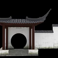 Traditional Ancient Chinese Architecture Featuring Curved Eaves Circular Doorway White Walls And Tile Roof