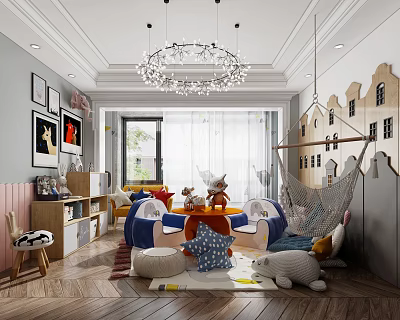 Colorful Kids Playroom Interior With Chandelier Hammock Stuffed Animals Seats And Rug 3d model