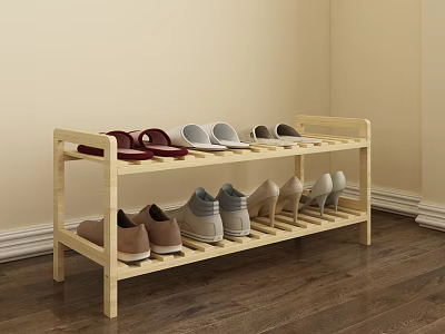 Wooden Two Tier Shoe Rack Holding Slippers Sneakers And High Heels In Room 3d model