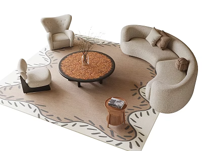 Curved Sofa And Round Coffee Table Set With Accent Chairs Patterned Rug And Decorative Vase 3d model