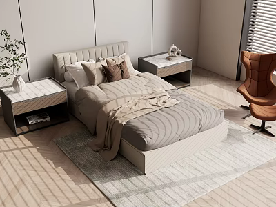 Modern Single Bed With Soft Linen Bedding Wooden Nightstand Accent Chair And Cozy Rug 3d model