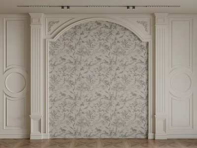 White Classic Bedroom Accent Wall With Ornate Carvings Floral Wallpaper And Symmetrical Paneling 3d model
