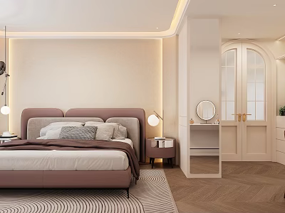 Warm Modern Bedroom Interior With Purple Headboard Pillows Nightstand Table Lamp And Wooden Flooring 3d model