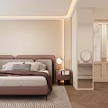 Warm Modern Bedroom Interior With Purple Headboard Pillows Nightstand Table Lamp And Wooden Flooring