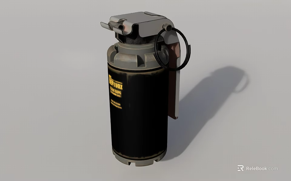 Fragmentation Grenade Military Weapon With Black And Silver Body Pull Ring And Yellow Label 3d model 