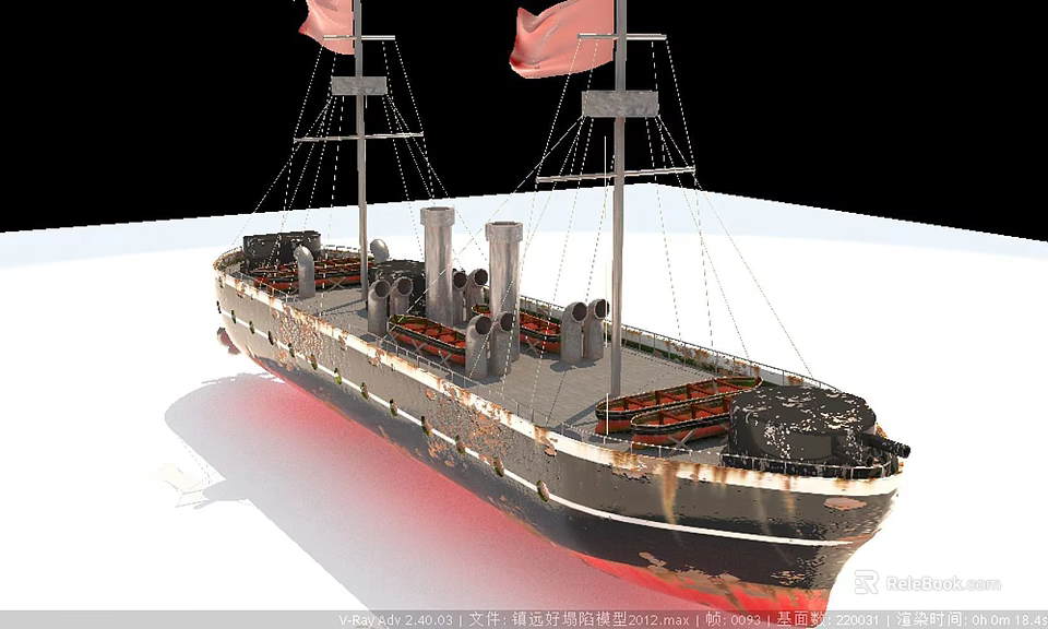 Vintage Warship With Two Masts Smokestacks And Black Red Hull Structure 3d model 