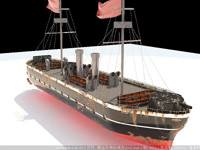 Vintage Warship With Two Masts Smokestacks And Black Red Hull Structure 3d model