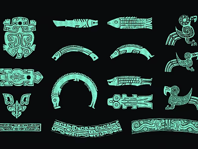 Turquoise Traditional Ethnic Style Wall Decor With Fish Bird Geometric Patterns On Black Background 3d model