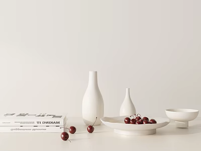 Minimalist Decorative Ornament Set With White Vases Bowls Cherries And Books 3d model