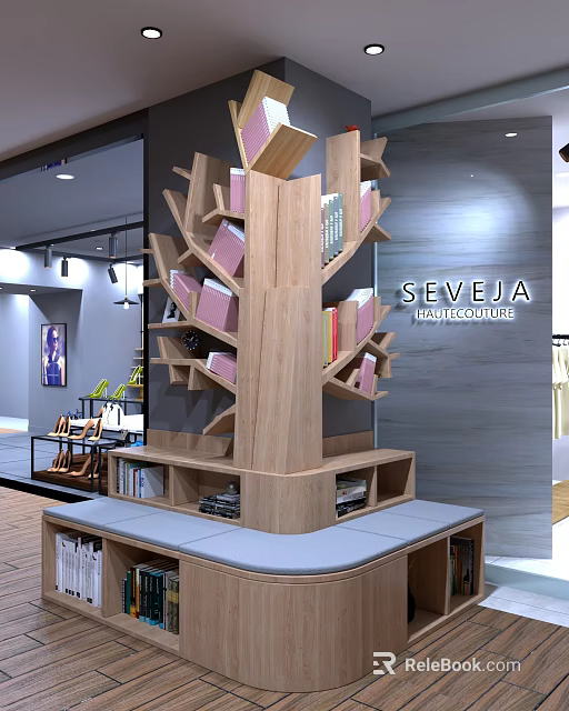 Modern Tree Shaped Wooden Bookshelf Interior With Colorful Books And Decor 3d model 