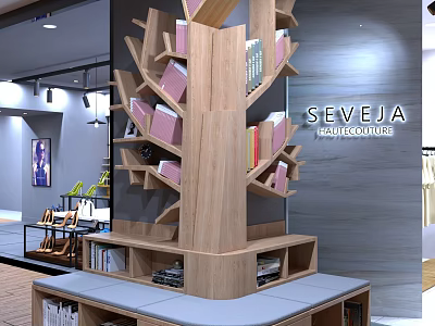 Modern Tree Shaped Wooden Bookshelf Interior With Colorful Books And Decor 3d model