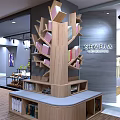 Modern Tree Shaped Wooden Bookshelf Interior With Colorful Books And Decor