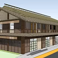Traditional Style Wooden Building With Tiled Roof Multiple Windows And Porch