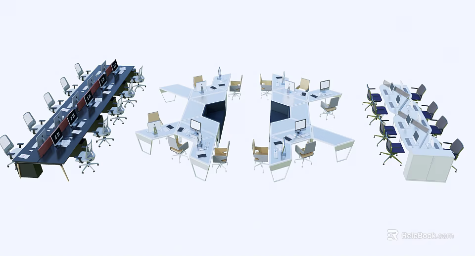 Modern Office Desks Setup With Computers And Ergonomic Chairs In Workspace 3d model 