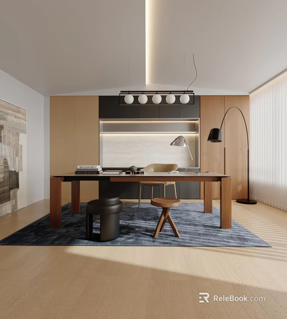 Modern Study Room Interior With Wooden Desk Pendant Lights Chair Stools And Blue Rug 3d model 