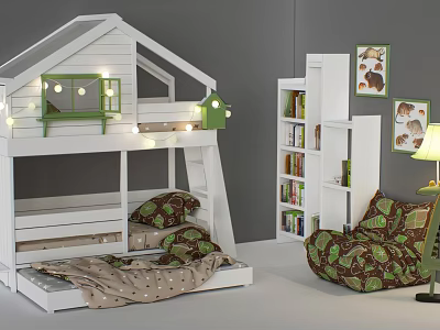 House Shaped Bunk Bed Featuring Window Decor Ladder Bookshelf and Animal Wall Art 3d model