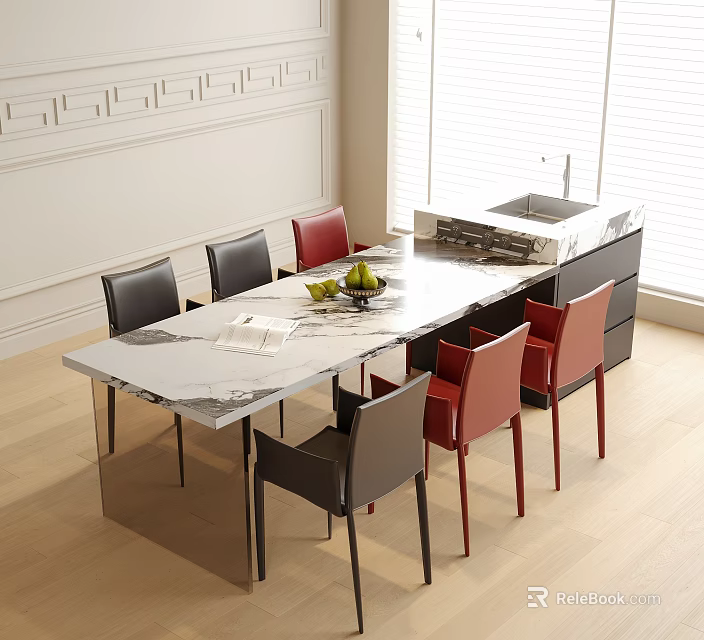 Modern Dining Table And Chairs Set With Marble Top Black Red Chairs In Interior 3d model 