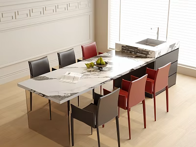 Modern Dining Table And Chairs Set With Marble Top Black Red Chairs In Interior 3d model