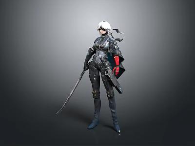 Woman In Black Armor With White Helmet Holding Long Sword Standing On Gray Background 3d model