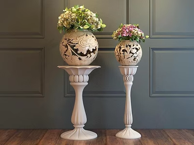 Two Decorative Patterned Vases With Fresh Flowers On White Pedestals Against Dark Gray Wall 3d model